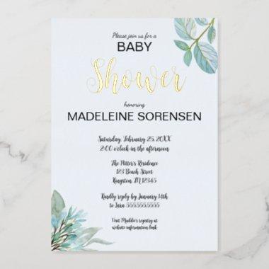 BABY Watercolor & Woodland Gold Foil Invitations