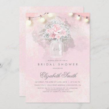 Baby's Breath and Pink Roses Rustic Bridal Shower Invitations
