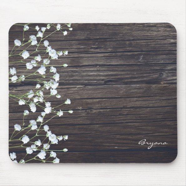 Baby's Breath Floral & Dark Rustic Wood Country Mouse Pad