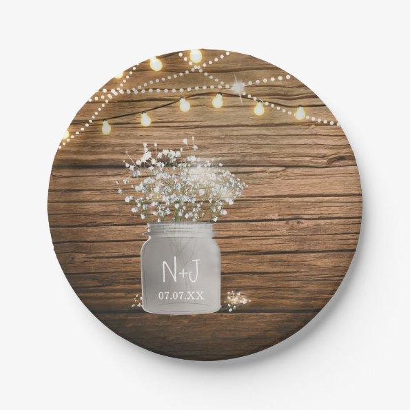 Baby's Breath Floral in Rustic Mason Jar & Lights Paper Plates