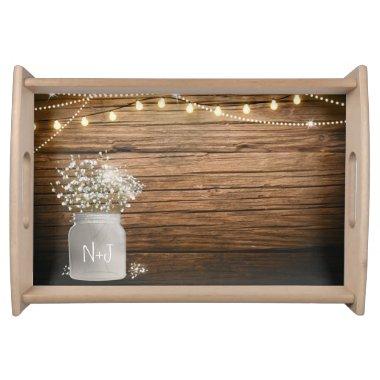 Baby's Breath Floral in Rustic Mason Jar & Lights Serving Tray