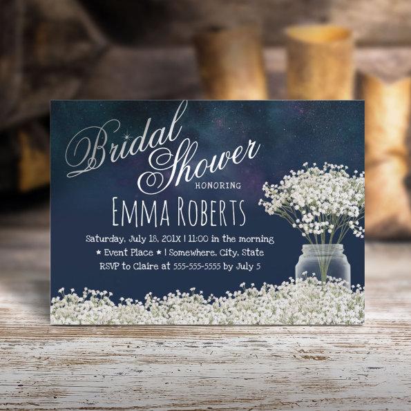 Baby's Breath Floral Jar Navy Blue Bridal Shower Invitations