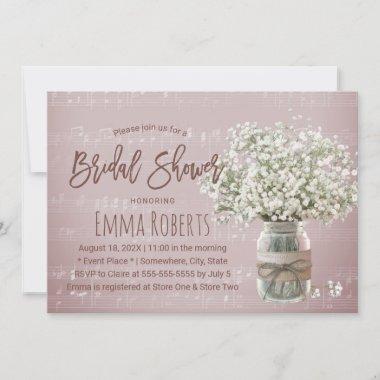 Baby's Breath Floral Jar Pink Music Bridal Shower Invitations