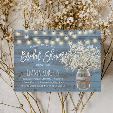 Baby's Breath Jar Dusty Blue Wood Bridal Shower Invitations