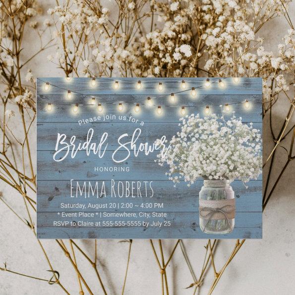 Baby's Breath Jar Dusty Blue Wood Bridal Shower Invitations