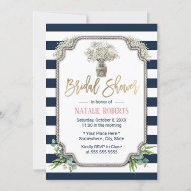 Baby's Breath Jar Navy Blue Stripes Bridal Shower Invitations