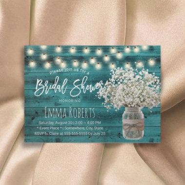 Baby's Breath Jar Teal Barn Wood Bridal Shower Invitations