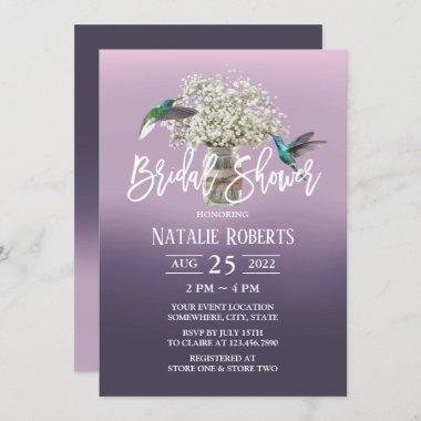 Baby's Breath & Love Birds Purple Bridal Shower Invitations