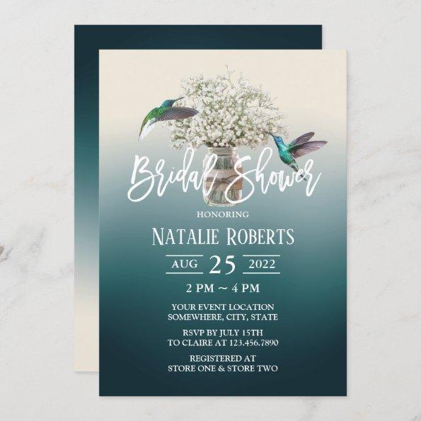 Baby's Breath & Love Birds Teal Bridal Shower Invitations