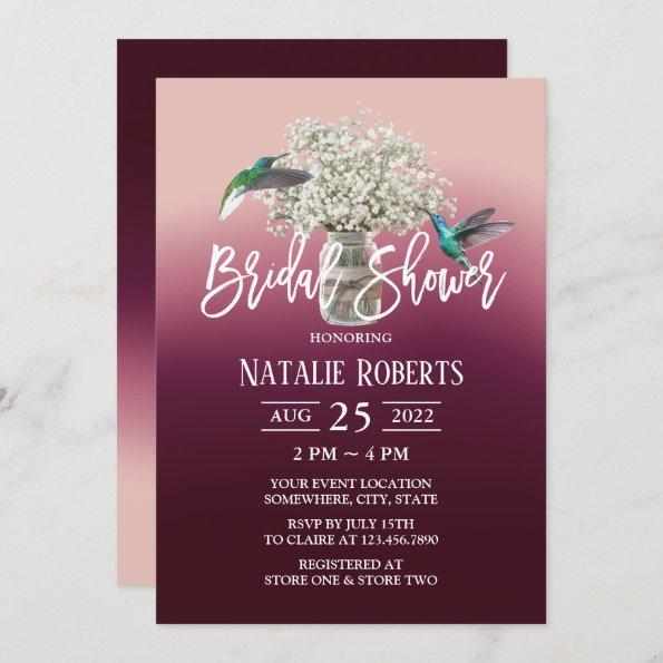 Baby's Breath & Love Birds Wine Red Bridal Shower Invitations