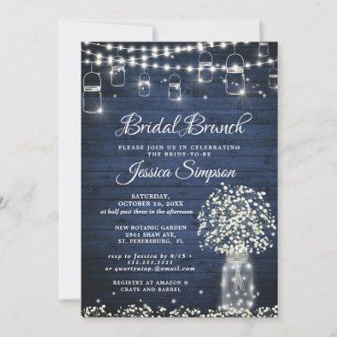 Baby's Breath Mason Jar Blue Rustic Bridal Brunch Invitations