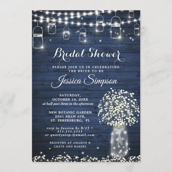 Baby's Breath Mason Jar Blue Rustic Bridal Shower Invitations