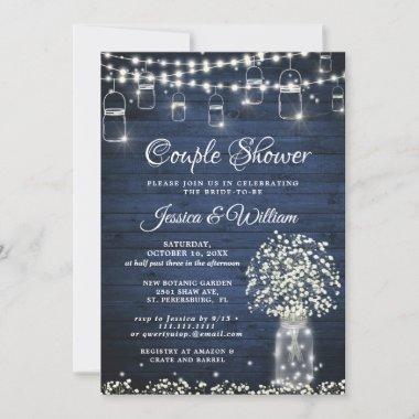 Baby's Breath Mason Jar Blue Rustic Couple Shower Invitations