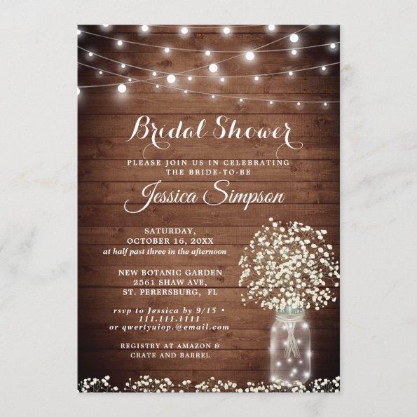 Baby's Breath Mason Jar Rustic Bridal Shower Invitations
