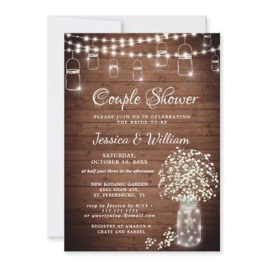 Baby's Breath Mason Jar Rustic Couple Shower Invitations