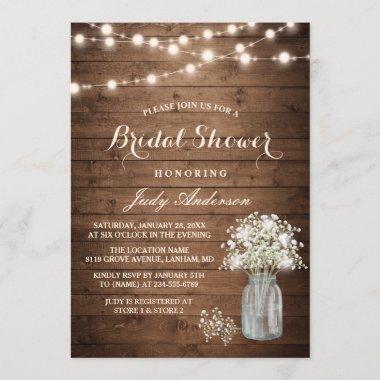 Baby's Breath Mason Jar Rustic Wood Bridal Shower Invitations