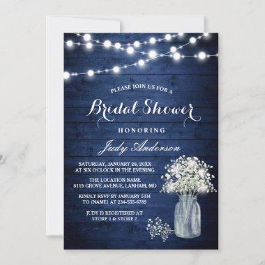 Babys Breath Rustic Navy Blue Lights Bridal Shower Invitations