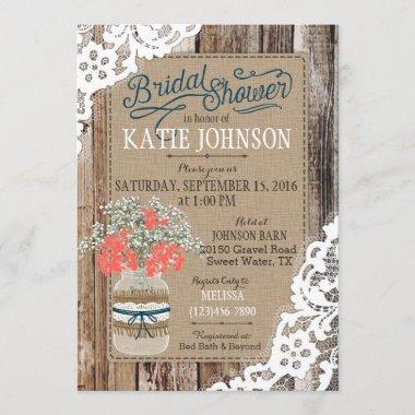 Baby's Breath Wood Lace Rustic Bridal Shower Invitations