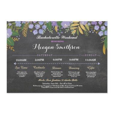 Bachelorette Itinerary Purple & Gold Chalk Invite