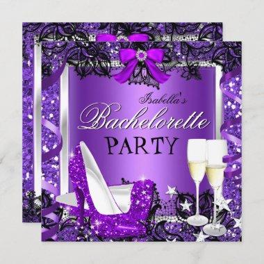 Bachelorette Lace Purple High Heel Champagne 2 Invitations