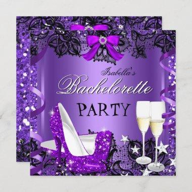 Bachelorette Lace Purple High Heel Champagne 3 Invitations