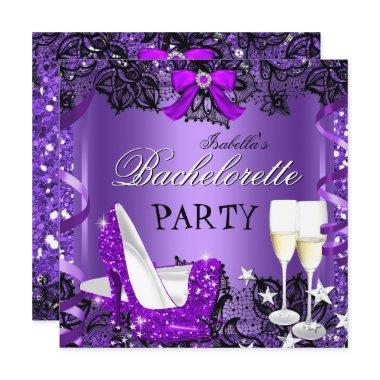 Bachelorette Lace Purple High Heel Champagne 3 Invitations