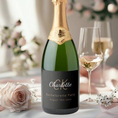 Bachelorette Party black gold monogram Sparkling Wine Label