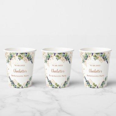 Bachelorette party eucalyptus glitter name paper cups