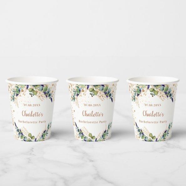 Bachelorette party eucalyptus glitter name paper cups