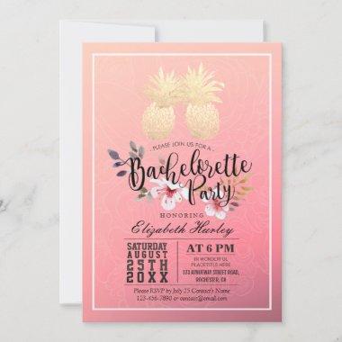 Bachelorette Party Gold Pineapple Couple Pink Rose Invitations