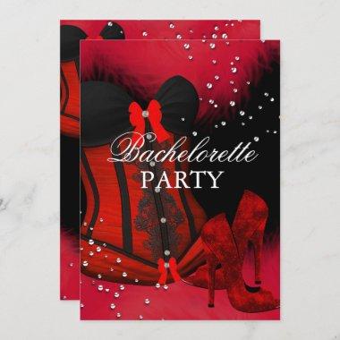 Bachelorette Party Red Heels Feather Lace Corset 2 Invitations