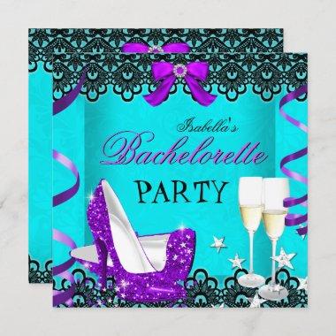 Bachelorette Party Teal Purple High Heel Champagne Invitations