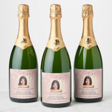 Bachelorette photo rose gold glitter fun facts bio sparkling wine label