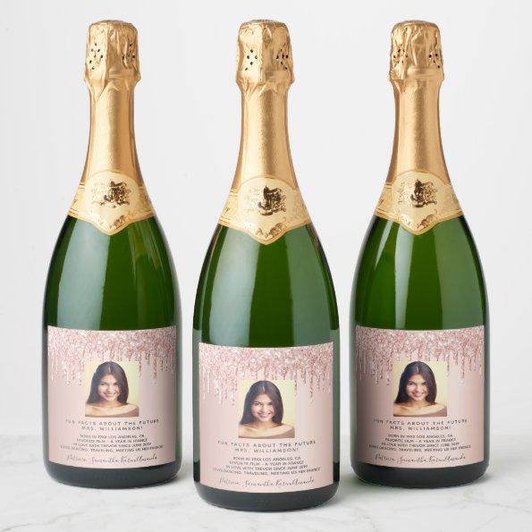Bachelorette photo rose gold glitter fun facts bio sparkling wine label