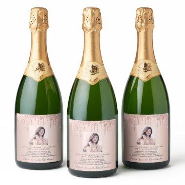 Bachelorette rose gold fun facts bride photo sparkling wine label