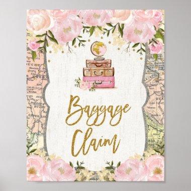 Baggage Claim Travel Map Pink Floral Bridal Shower Poster