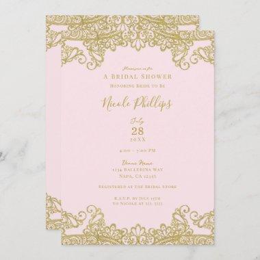 Ballerina Pink & Gold Lace Elegant Bridal Shower  Invitations