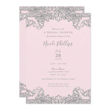 Ballerina Pink Silver Lace Elegant Bridal Shower  Invitations