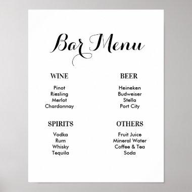Bar Menu Black White Wedding Drinks Poster