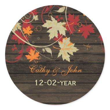 Barn Wood Rustic Fall Leaves Wedding Classic Round Sticker