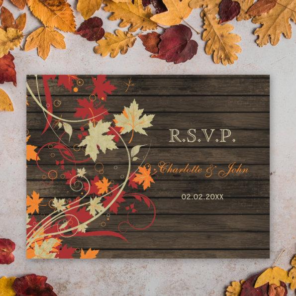 Barn Wood Rustic Fall Leaves Wedding rsvp Invitation PostInvitations