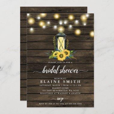 Barn Wood String Lights Sunflowers Bridal Shower Invitations