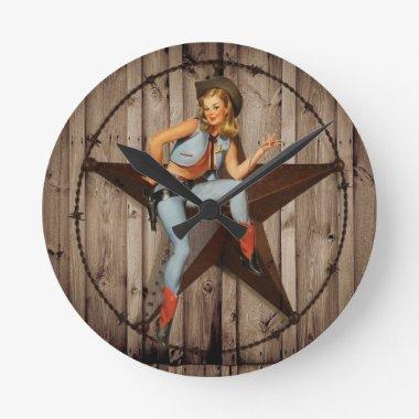 Barn Wood Texas Star western country Cowgirl Round Clock