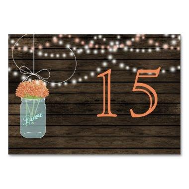 Barnwood coral mason jars wedding table numbers