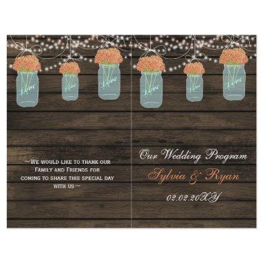 Barnwood mason jars, coral flowers programs folded