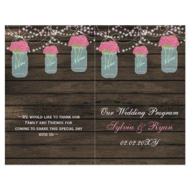 Barnwood mason jars, pink flowers programs folded