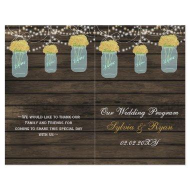 Barnwood mason jars,yellow flowers programs folded
