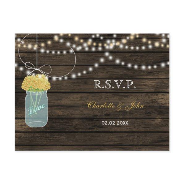 Barnwood mason jars yellow wedding RSVP Invitation Post