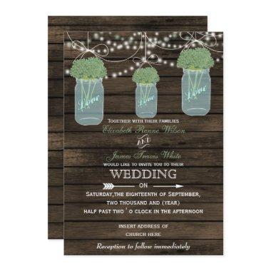 Barnwood, sage mason jar wedding invitations