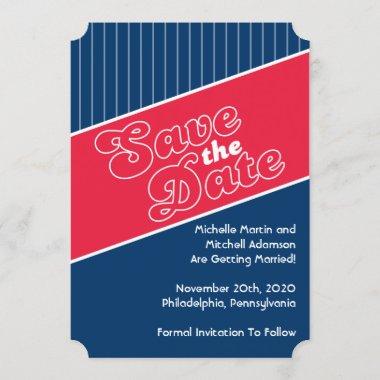 Baseball Inspired Save The Date (Red / Navy Blue) Invitations